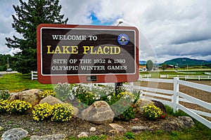 Welcome Sign in Lake Placid, the site of the 1932 and 1980 Olympic Winter Games in Adirondack Mountains, Upstate New York, USA