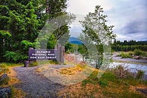 Welcome sign for Olympic National Park Hoh Rain Forest in Washington State, USA