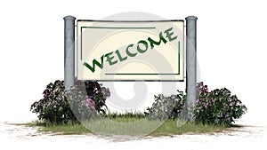 WELCOME - Sign with text in grass between bushes photo