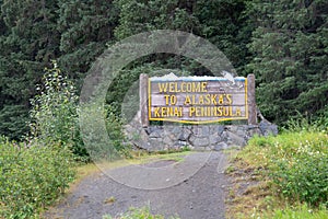 Welcome sign to Alaska`s Kenai Peninsula on the Turnagain Arm highway