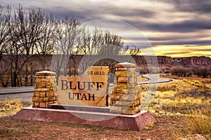 Welcome sign to Bluff in Utah