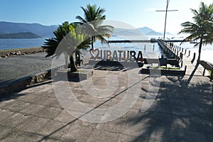 Welcome sign of Ubatuba, seen from drone photo