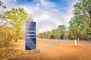 Welcome sign at Zimbabwe border with Zambia