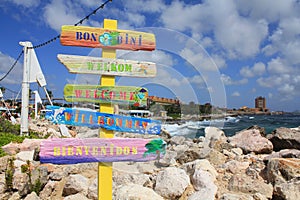Welcome signs in different languages in Willemstad, Curacao photo