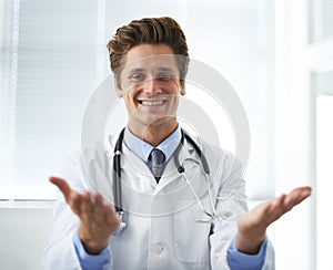 Welcome, smile and man doctor in office for greeting hello at a medical consultation at clinic. Happy, professional and