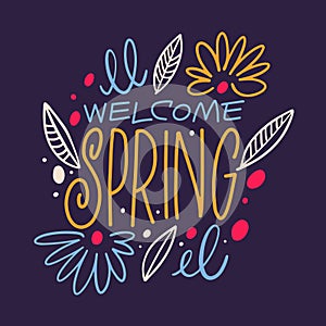 Welcome Spring lettering phrase with colorful decorative elements on a purple background.