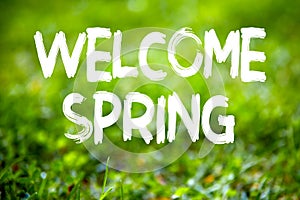 Welcome spring message on green grass background