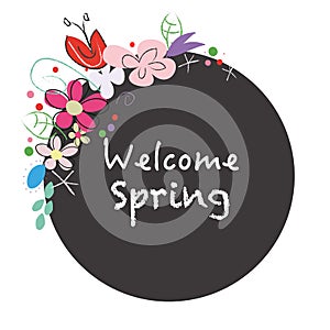 ``Welcome spring`` text chalkboard style wreath with abstract spring flowers