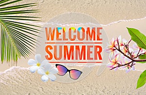 Welcome summer banner on clean sandy beach with flower and leaf