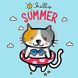 Hello summer cat wear bikini cartoon illustration