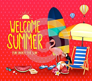 Welcome Summer Fun Under the Sun Poster with Umbrella, Surfboard