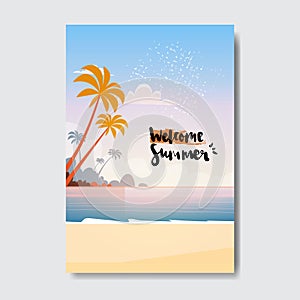 Welcome summer landscape palm tree beach badge sunset design label. season holidays lettering for logo, templates