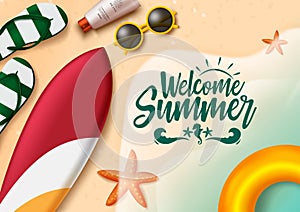 Welcome summer vector background design. Welcome summer text in seashore with beach and travel elements like sunscreen, flip flop.
