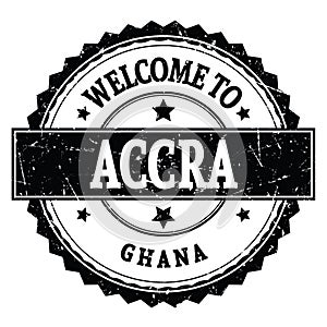 WELCOME TO ACCRA - GHANA, words written on black stamp