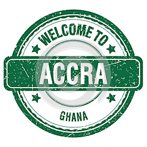 WELCOME TO ACCRA - GHANA, words written on green stamp