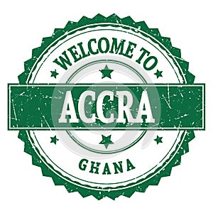 WELCOME TO ACCRA - GHANA, words written on green stamp