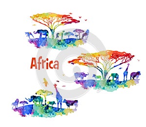 Welcome to Africa poster. Africa abstract animals colored silhouette. hand drawing. Not AI, Vector illustration