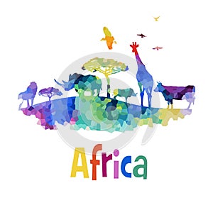 Welcome to Africa poster. Africa abstract animals colored silhouette. hand drawing. Not AI, Vector illustration