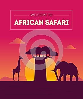 Welcome to African Safary Banner Template, Beautiful Landscape with Animals Silhouettes and Baobab Tree at Sunset Vector