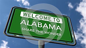 Welcome to Alabama, Share the Wonder. US State Road Sign Close Up, Realistic 3D