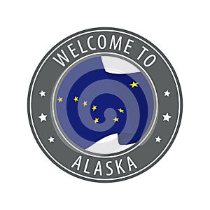 Welcome to Alaska. Gray stamp with a waving state flag.