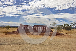 Welcome to Alice Springs landmark outside the city of Alice Springs in Northern Territory, Australia.