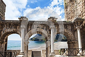 Welcome to amazing Antalya concept. Collage of famous landmarks: Hadrian`s Gate old town Kaleici district and Konyaalti beach in p