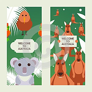 Welcome to Australia, vertical banners with cute animals, vector illustration