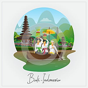 Welcome to Bali greeting card with people ride boat with Galungan ceremony equipment