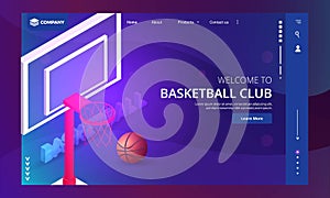 Welcome To Basketball Club Landing Page Design with Realistic Basketball Net, Ball on Field