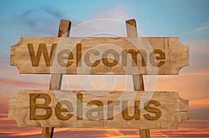 Welcome to Belarus sing on wood background