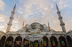 Welcome to Blue Mosque at dawn, Istanbul, Turkey