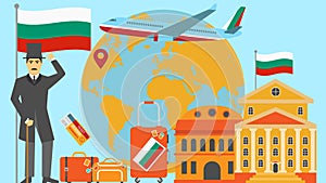 Welcome to Bulgaria postcard. Travel and safari concept of Europe world map vector illustration with national flag