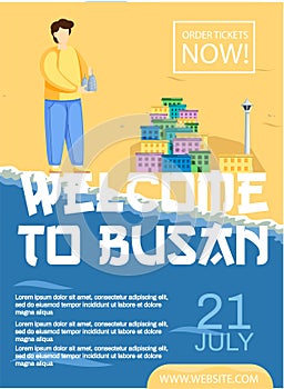 Welcome to Busan banner vector illustration. landmark of Busan, beautiful sandy beach and blue sea