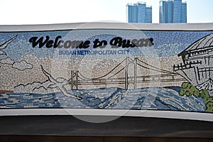 Welcome to Busan, mosaic panel to welcome visitors to metropolitan city of Busan, South Korea.
