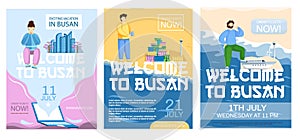 Welcome to Busan travel promotion posters set with beautiful nature and traditional buildings