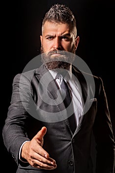 Welcome to business. Ready to work. Businessman greeting. Power man and business. Serious business man congratulation.