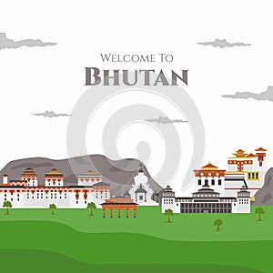 Welcome to Buthan vector flat illustration. with landmark buildings includes Paro Taktsang, Punakha Dzong, Tashichhoedzong, photo