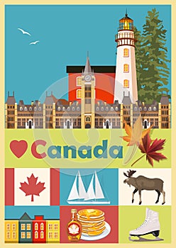 Welcome to Canada. Colorful Postcard. Canadian vector illustration. Retro style. Travel postcard.