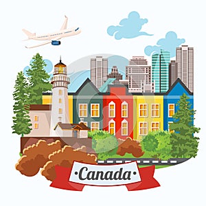 Welcome to Canada. Light design. Colorful Postcard with airplane. Canadian vector illustration. Retro style. Travel postcard.