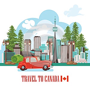 Welcome to Canada. Light design. Colorful Postcard with red car. Canadian vector illustration. Retro style. Travel postcard.