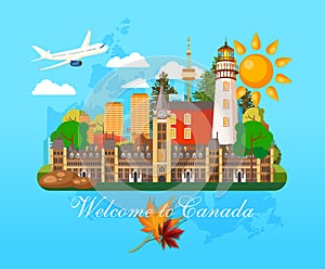 Welcome to Canada. Postcard. Canadian vector illustration. Retro style. Travel postcard.