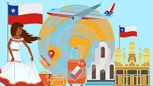 Welcome to Chile postcard. Travel and journey concept of Latinos country vector illustration with national flag of Chile