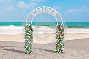 Welcome to China Concept. Beautiful Decor Arc, Gate or Portal with Flowers and Cina Sign on an Ocean Deserted Coast. 3d Rendering