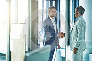 Welcome to the company. two businessmen shaking hands in an office.