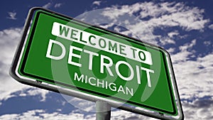Welcome to Detroit Michigan. USA City Road Sign Close Up, Realistic 3d Animation