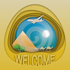 Welcome to Egypt travel concept emblem. Pyramid, camels, palm trees and aircraft in the sky