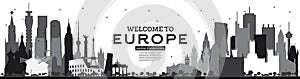 Welcome to Europe Skyline Silhouette with Black Buildings Isolated on White
