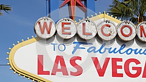 Welcome to fabulous Las Vegas retro neon sign in gambling tourist resort, USA. Iconic vintage banner as symbol of casino