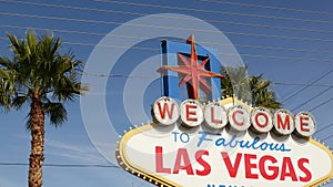 Welcome to fabulous Las Vegas retro neon sign in gambling tourist resort, USA. Iconic vintage banner as symbol of casino